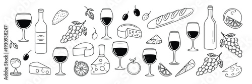 A lively group of people enjoying a wine tasting event with various glasses and bottles. isolated on white background, Vector, illustration