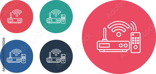 WiFi Router and Remote Control Icon Set with Wireless Internet Signal and Home Network Symbols in Flat Circle Style for Smart Home and UI Design