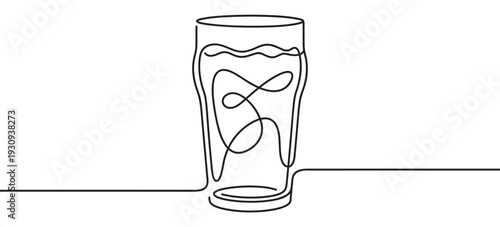 Continuous line drawing of a glass containing a stylized tooth shape, symbolizing dental health and hydration.