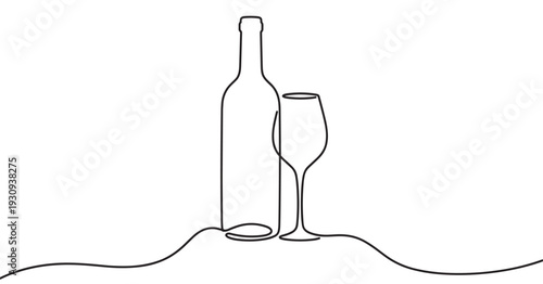Wine bottle and glass continuous line art illustration showcasing a sophisticated and elegant minimalist beverage design.