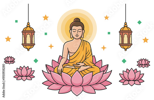 Buddha meditating peacefully on a lotus flower surrounded by decorative lanterns, stars, and additional blooming lotus blossoms in a serene spiritual illustration.
