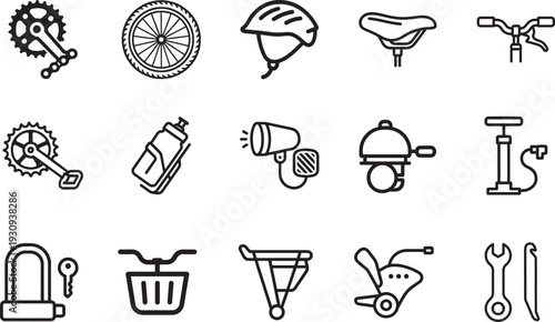 Bicycle parts and accessories icons set in simple outline style. Editable vector collection set.