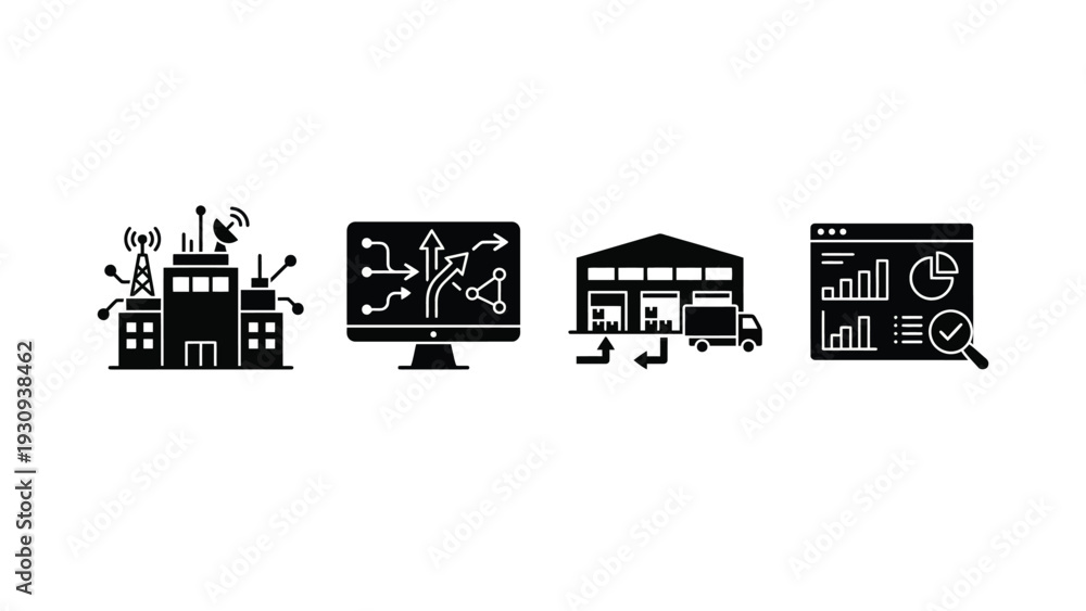 Obraz premium Business Infographics Icons Set with Office Building, Computer, Warehouse and and Graphs