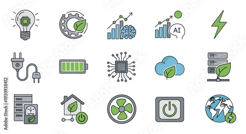 Collection of Eco-Friendly Technology and Green Energy Icons.