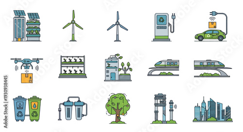 Collection of Sustainable Technology and Green Energy Icons.