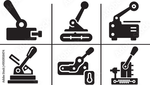 Mechanical switch and tension lever slider linear joint icon set. Editable vector outline.