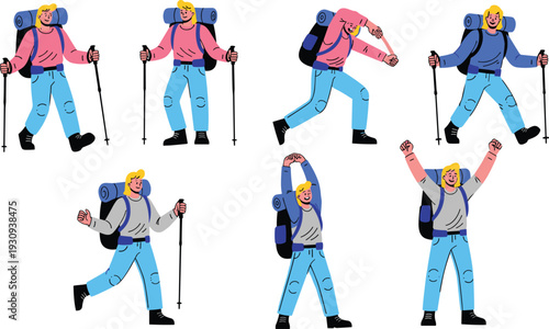 Hiker Poses Adventure Backpacking Expedition Vector