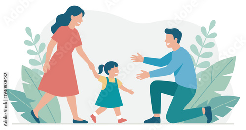 Loving parents child learning to walk towards welcoming father with open arms, symbolizing family bonding and growth.