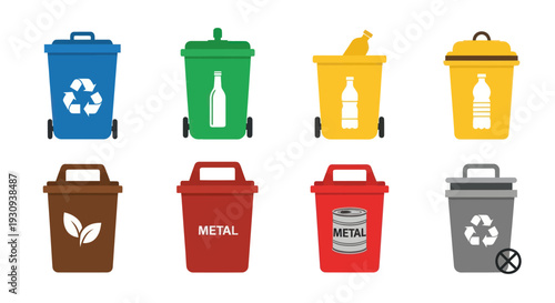 Collection of Colorful Recycling Bins with Various Symbols and Lids.