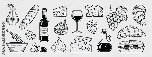 Assorted icons representing various objects and activities in a simple line art style isolated on white background, Vector, illustration