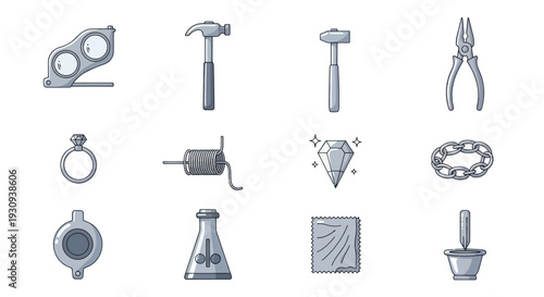 Assorted Jewelry Making Tools and Equipment in Illustration Style.