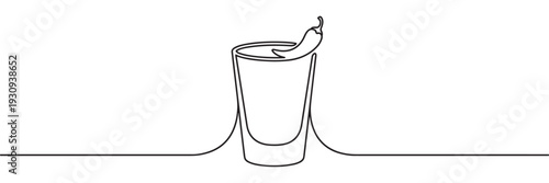 Shot glass with a chili pepper, an elegant and modern minimalist illustration drawn with a single continuous black line.