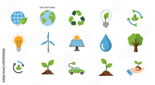 A colorful flat icon set representing ecology sustainability and renewable green energy concepts.