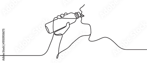 Person drinking bottle water continuous line drawing illustration depicting a healthy lifestyle, hydration, and refreshment for wellness.