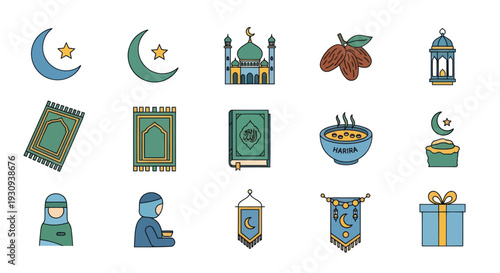 A colorful set of hand-drawn Islamic icons for Ramadan celebration.