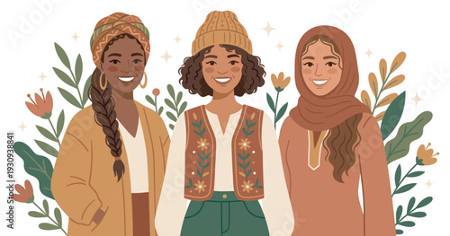 Three diverse women smiling together, celebrating friendship, cultural unity, and empowerment in a vibrant and inclusive illustration.