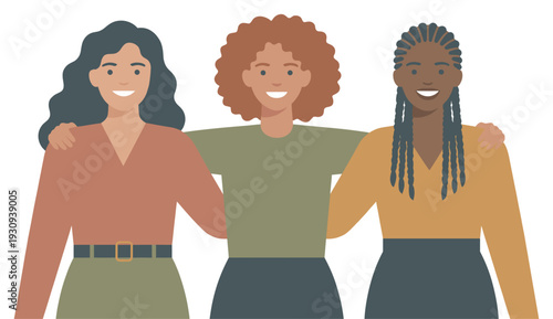 Three diverse women friends embracing each other, smiling happily and representing strong support, unity, and female empowerment.