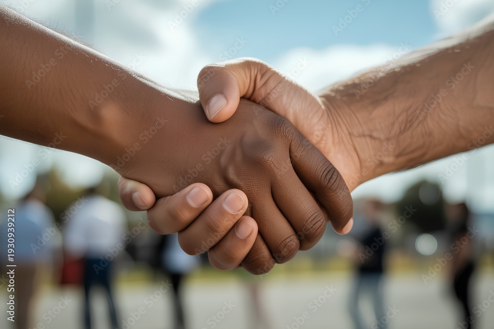 Fototapeta premium Diverse Hands Shaking: Unity, Partnership, and Cooperation, divers people's handshake 
