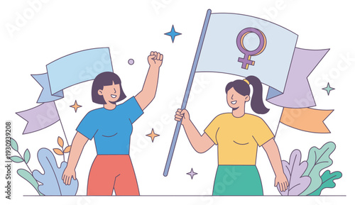 Two women celebrating female empowerment and solidarity, proudly holding a flag with the Venus symbol and raising a fist in protest.