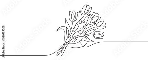 Continuous line drawing of a beautiful bouquet of tulips with delicate petals and stems, showcasing a minimalist and elegant floral illustration.
