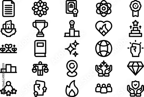Collection of various black line icons representing success and achievement on a clean background