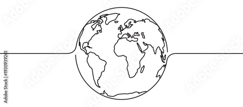 Continuous line drawing Earth globe world map illustration depicting global connection and unity with a minimalist artistic style.