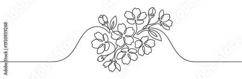 Elegant continuous line drawing of a beautiful floral bouquet with delicate blossoms and leaves, perfect for minimalist design and spring themes.