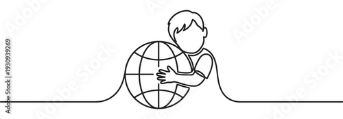 Person embracing globe in a minimalist continuous line drawing representing themes of global unity, care, and environmental protection.