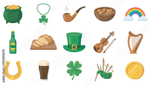 St. Patrick's Day celebration symbols and traditional Irish culture icons are displayed in a festive collection.