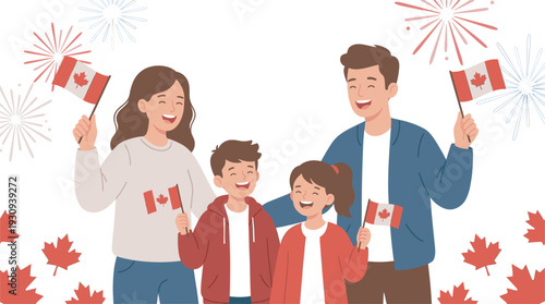 Happy family celebrating national holiday with Canadian flags and festive fireworks, showcasing their patriotism.