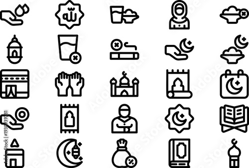 Collection of Islamic icons representing various religious symbols and rituals in a simple line art style