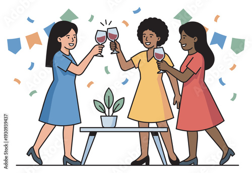 Three diverse women toasting with wine glasses, celebrating a special occasion with joy and friendship at a festive gathering.