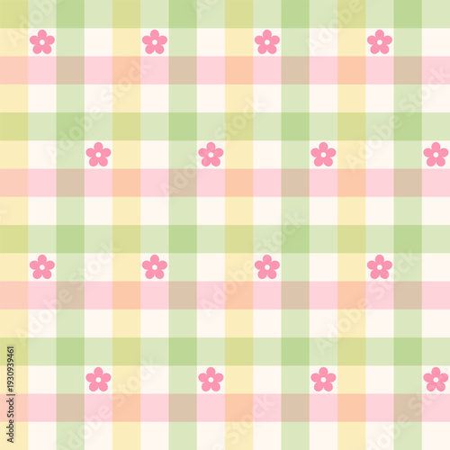 Pastel gingham plaid pattern with pink flowers, soft green, yellow, pink checks, seamless repeat background