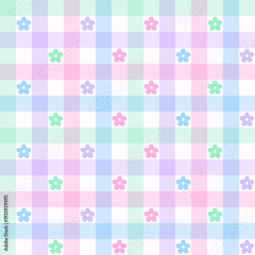 Pastel rainbow gingham seamless pattern with colorful flowers. Plaid aesthetic for nursery, spring decor, and kids.
