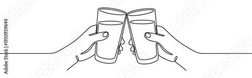 Two hands clinking glasses together in a continuous line drawing style symbolizing celebration and friendship.