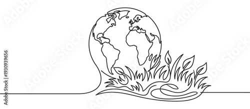 Earth globe and green leaves continuous line drawing illustration symbolizing global environmental protection and ecological sustainability.