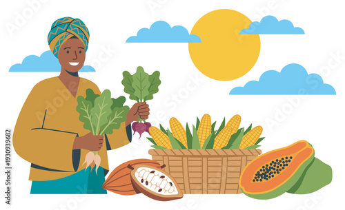 African farmer woman holding fresh organic vegetables with a bountiful harvest of tropical fruits and corn under a sunny sky.