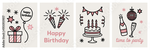 A collection of various birthday-themed illustrations featuring cakes, balloons, and festive decorations. isolated on white background, Vector, illustration