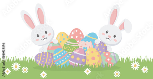 Adorable cartoon bunnies happily peek from behind a vibrant pile of decorated Easter eggs in a cheerful spring meadow illustration.