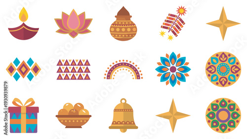 Indian festival elements and symbols are beautifully illustrated in a vibrant collection of flat design icons, perfect for cultural celebrations.