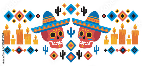 Two colorful sugar skulls wearing sombreros are surrounded by lit candles and traditional Mexican geometric patterns.