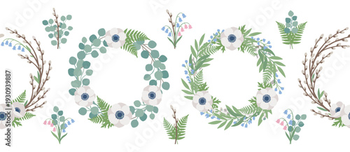 Elegant floral wreaths and botanical elements create a beautiful seamless pattern for spring and nature-themed designs.