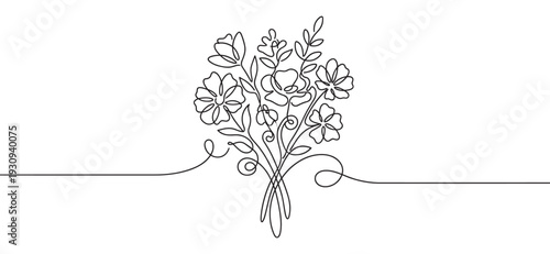 Continuous line drawing bouquet of flowers with elegant leaves and stems flowing gracefully in a beautiful minimalist floral art illustration.