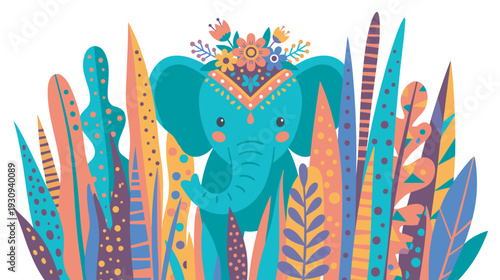 Cute blue elephant with floral crown peeking through vibrant jungle foliage, creating a whimsical and playful illustration.