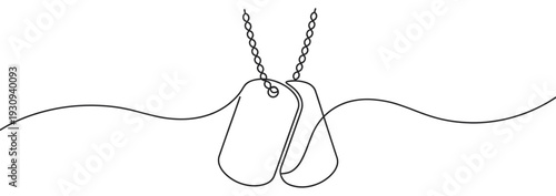 Military dog tags hanging on a chain drawn in a continuous line art style symbolizing remembrance and service.