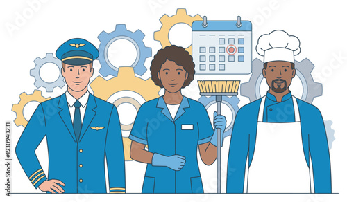 Diverse professional workers including a pilot, cleaner, and chef representing various essential service occupations.