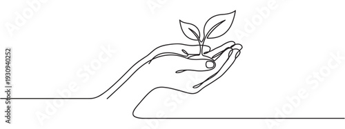 Hand holding plant sprout in continuous line drawing style symbolizing growth, nature, and environmental protection.