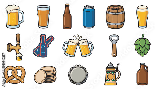 Beer icons collection set featuring various brewery related items and accessories perfect for a pub or festival design.