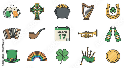 St. Patrick's Day icons and Irish culture symbols collection featuring traditional elements for holiday celebration.