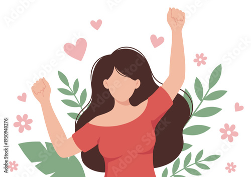 Woman with long dark hair celebrates success with raised fists, surrounded by decorative floral elements and floating hearts.